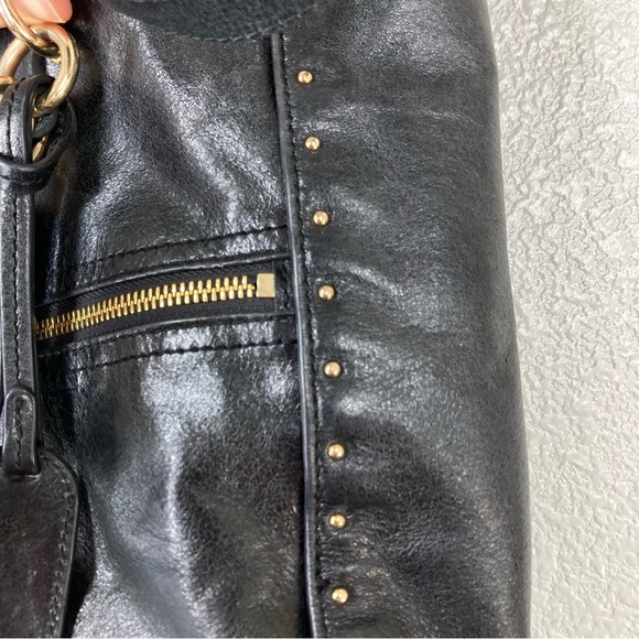 BADGLEY MISCHKA Black Tessa Shine Leather Studded Tote Handbag 17x13" - Picture 4 of 16